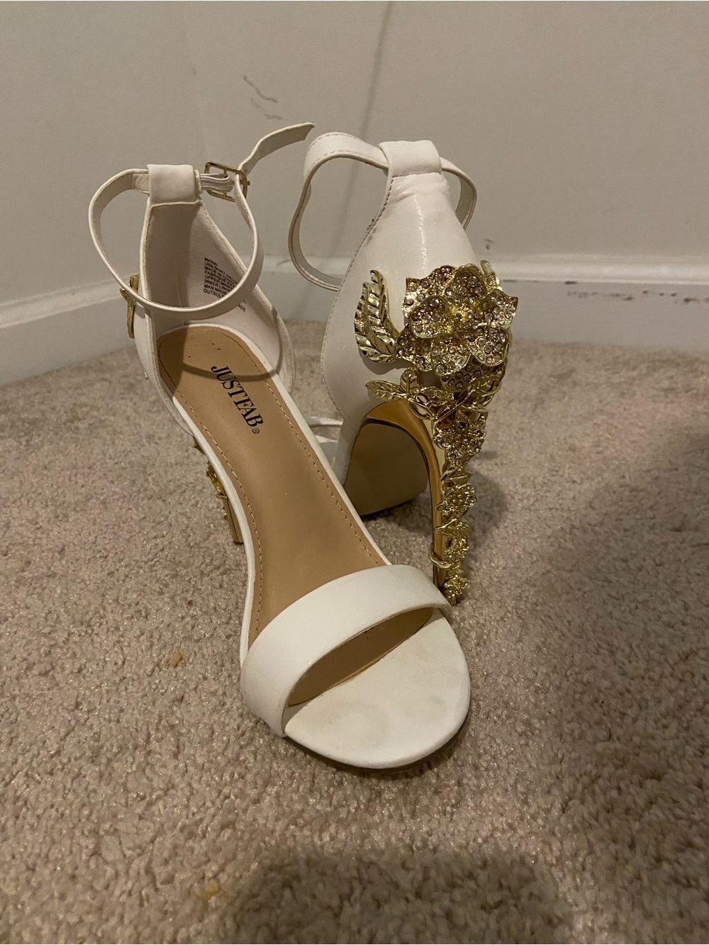 JustFab White Ankle-Strap Heels with Gold Floral-Embellished Heel